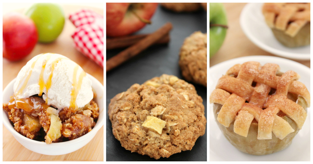 Featured apple recipes including apple crisp, cinnamon apple oatmeal cookies, and lattice crusted apples.