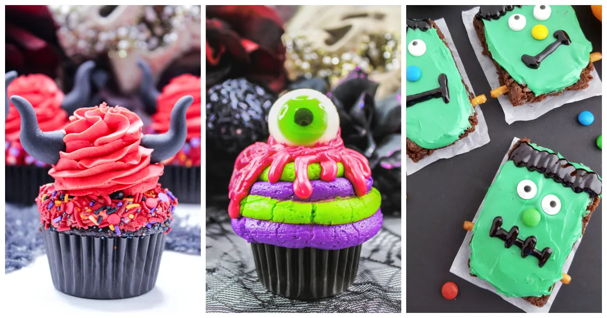 Featured Halloween recipes including devil cupcakes, bloody eyeball cupcakes, and Frankenstein brownies.