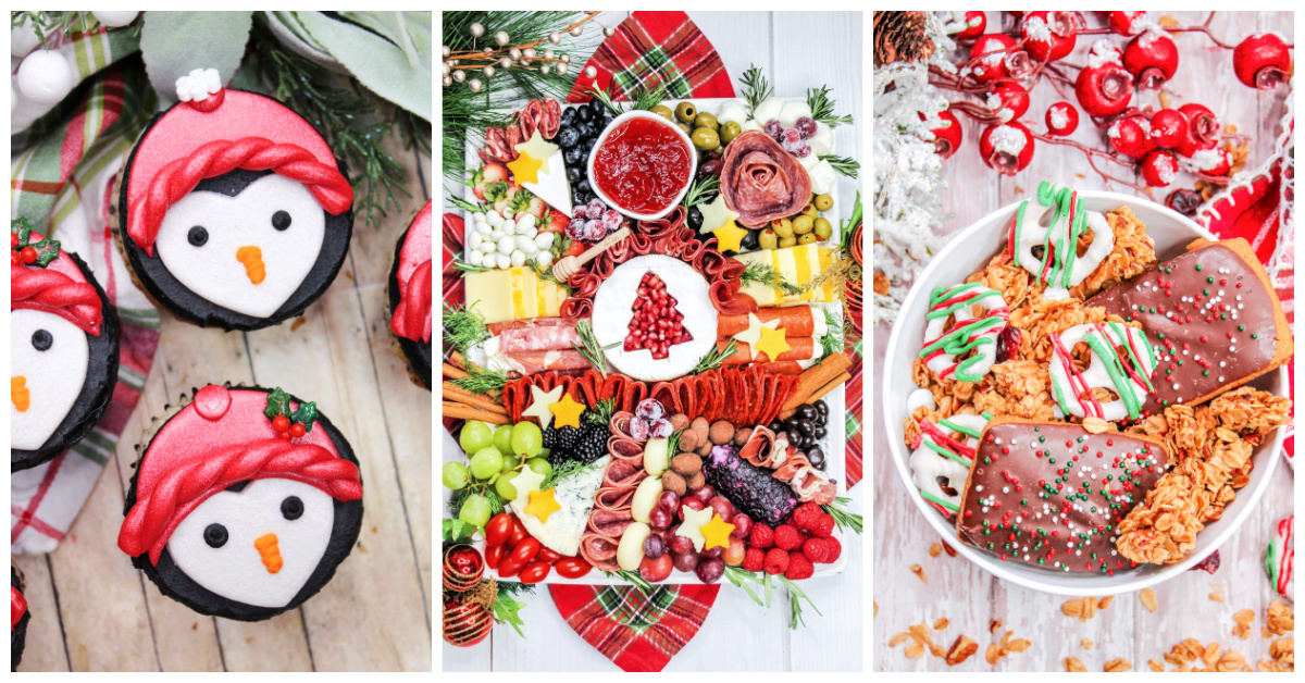 Featured Christmas recipes including penguin cupcakes, Reindeer food, and Christmas charcuterie.