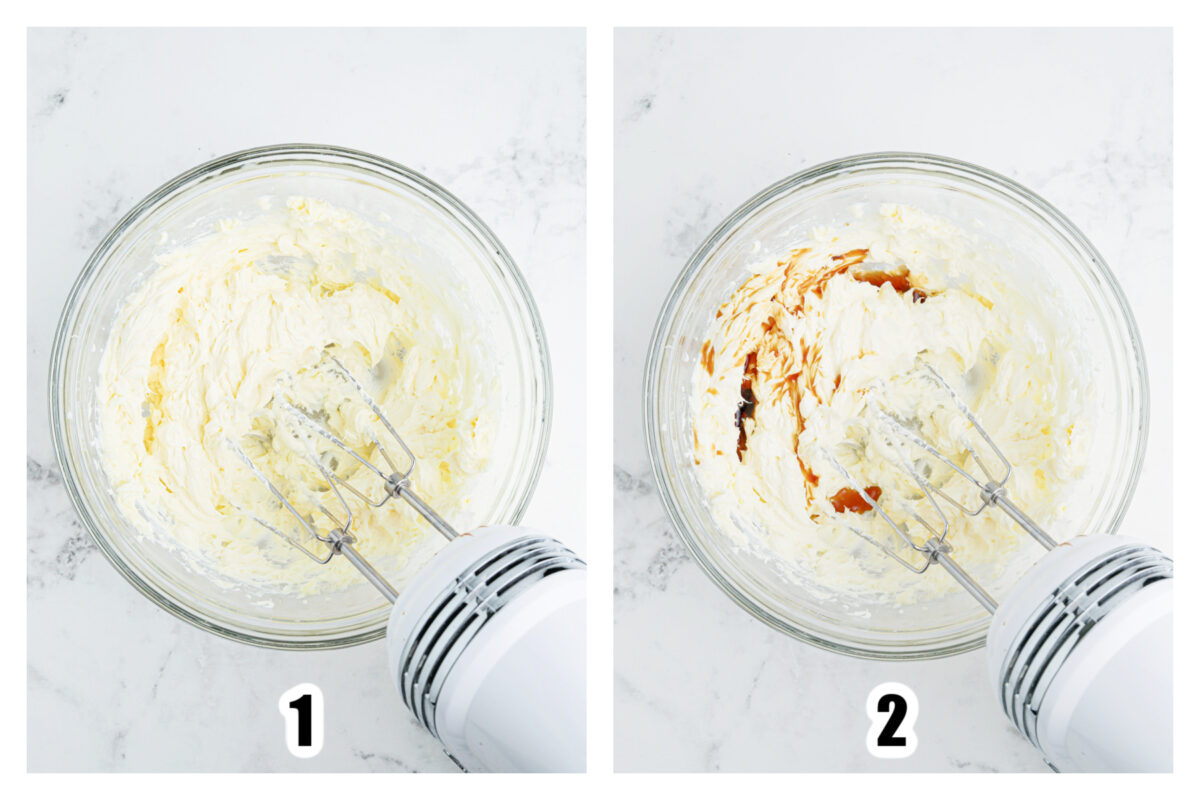 Cream cheese whipped together in a large glass bowl, and vanilla extract added.