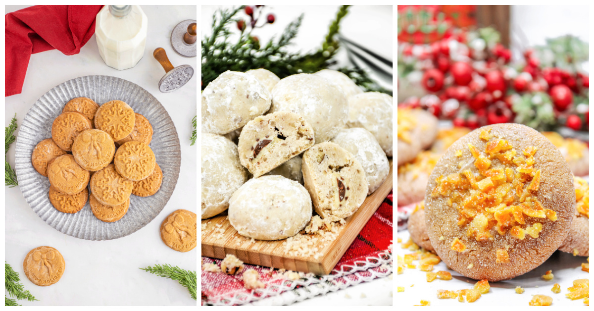 Featured holiday recipes including stamped cookies, chocolate kiss snowball cookies, and candied orange ginger cookies.
