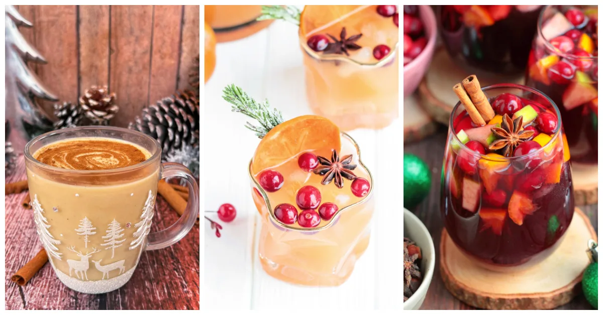 Featured holiday cocktail recipes including dirty chai eggnog, persimmon white wine sangria, and holiday spiced red wine sangria.