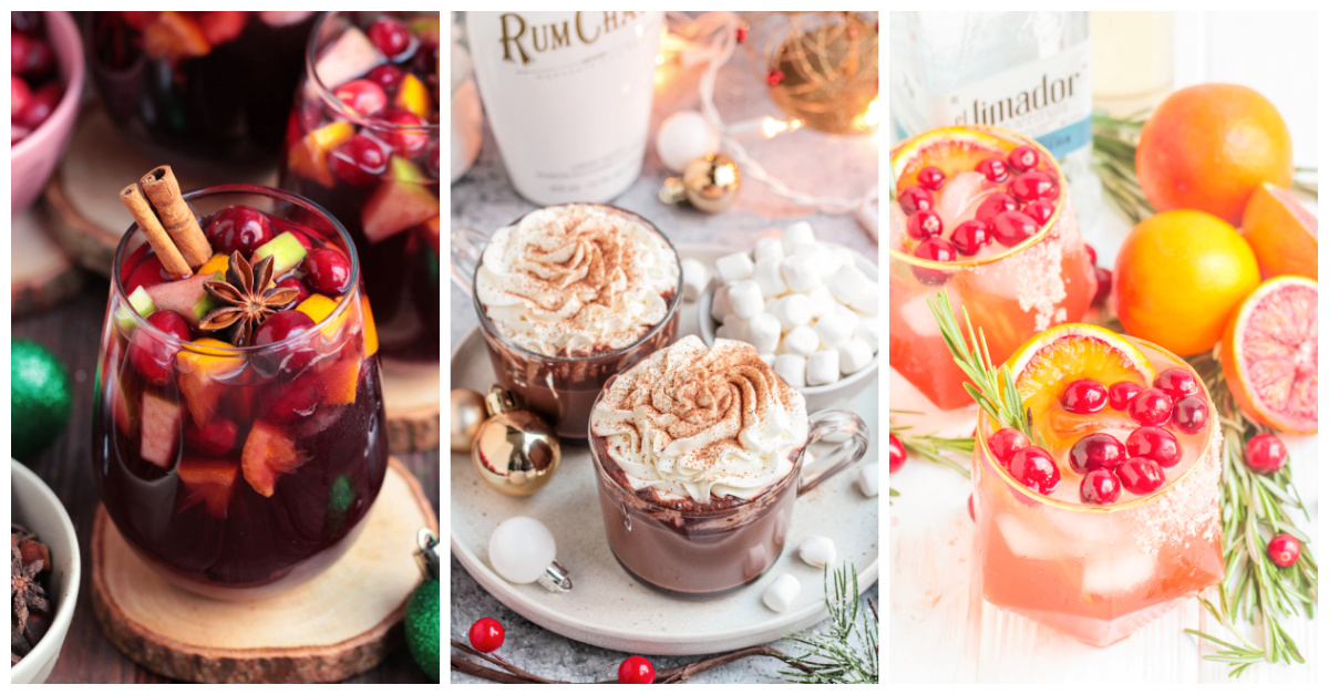 Featured holiday cocktails including spiced red wine sangria, RumChata hot cocoa, and spiced blood orange paloma.