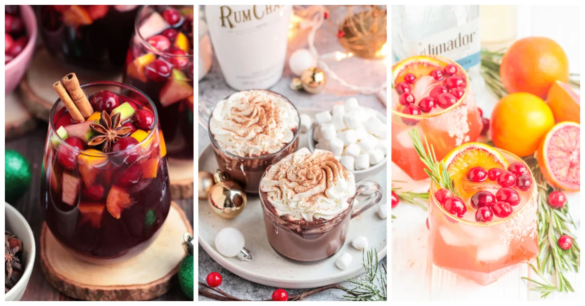 Featured holiday cocktails including spiced red wine sangria, RumChata hot cocoa, and spiced blood orange paloma.