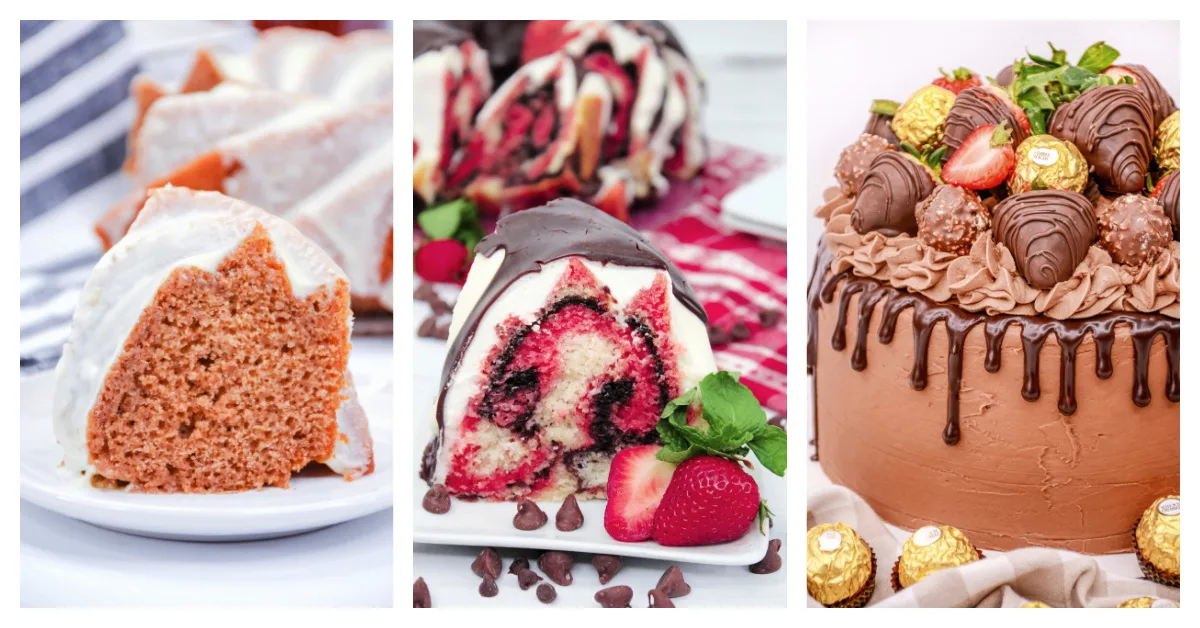 Featured cake recipes including spiced rum bundt cake, neapolitan bundt cake, and chocolate strawberry cakes.