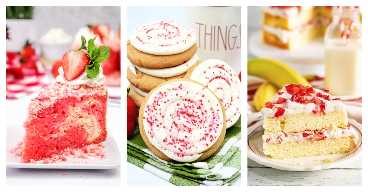 Featured strawberry dessert recipes including strawberry crunch cake, strawberry pop tart cookies, and strawberry banana layer cake.