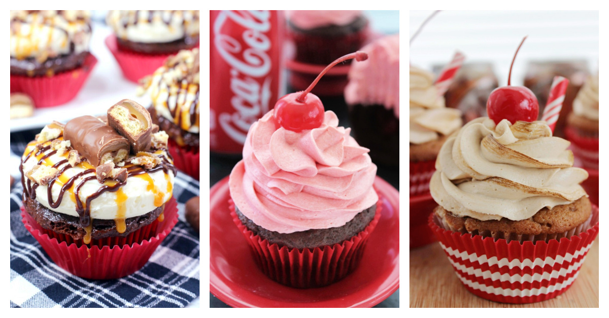 Featured cupcakes including twix cupcakes, cherry coke cupcakes, and rootbeer float cupcakes.