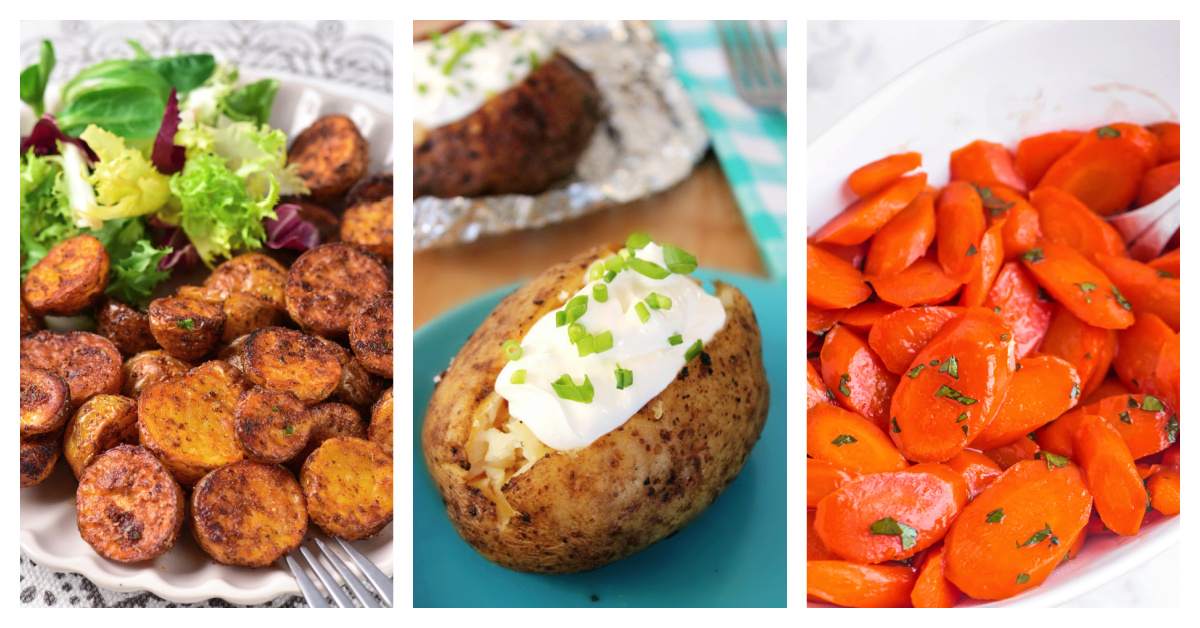 Featured side dish recipes including air fryer baby potatoes, crock pot baked potatoes, and brown sugar glazed carrots.