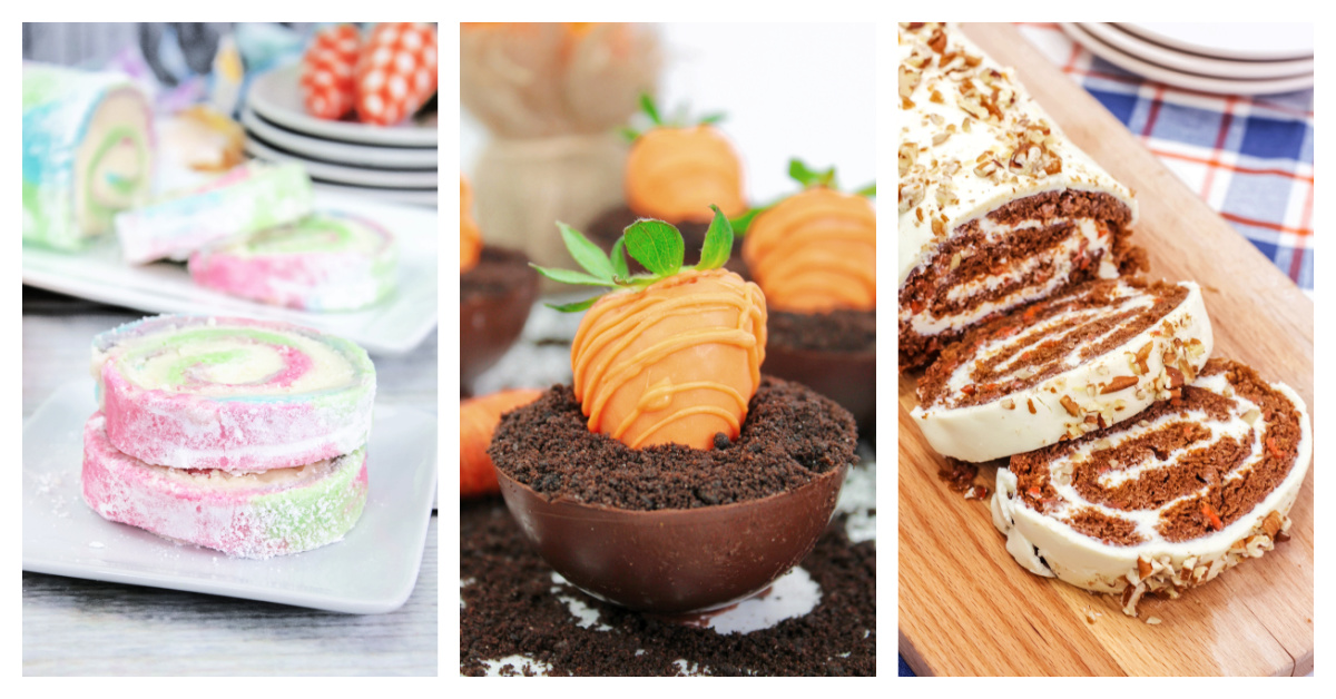 Spring dessert recipes including Easter Swiss roll, carrot patch chocolate bowls, and carrot cake roll.