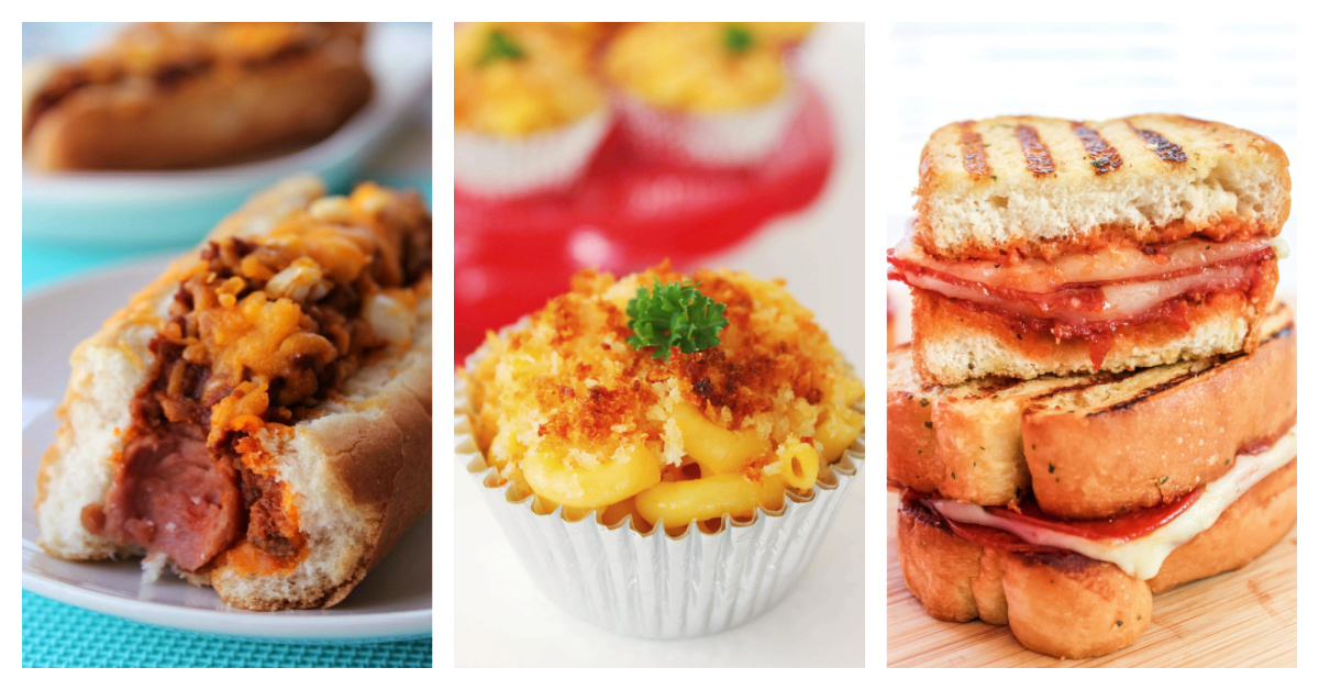 Featured lunch recipes including chili cheese dog, mac and cheese muffins, and grilled pepperoni pizza sandwiches.