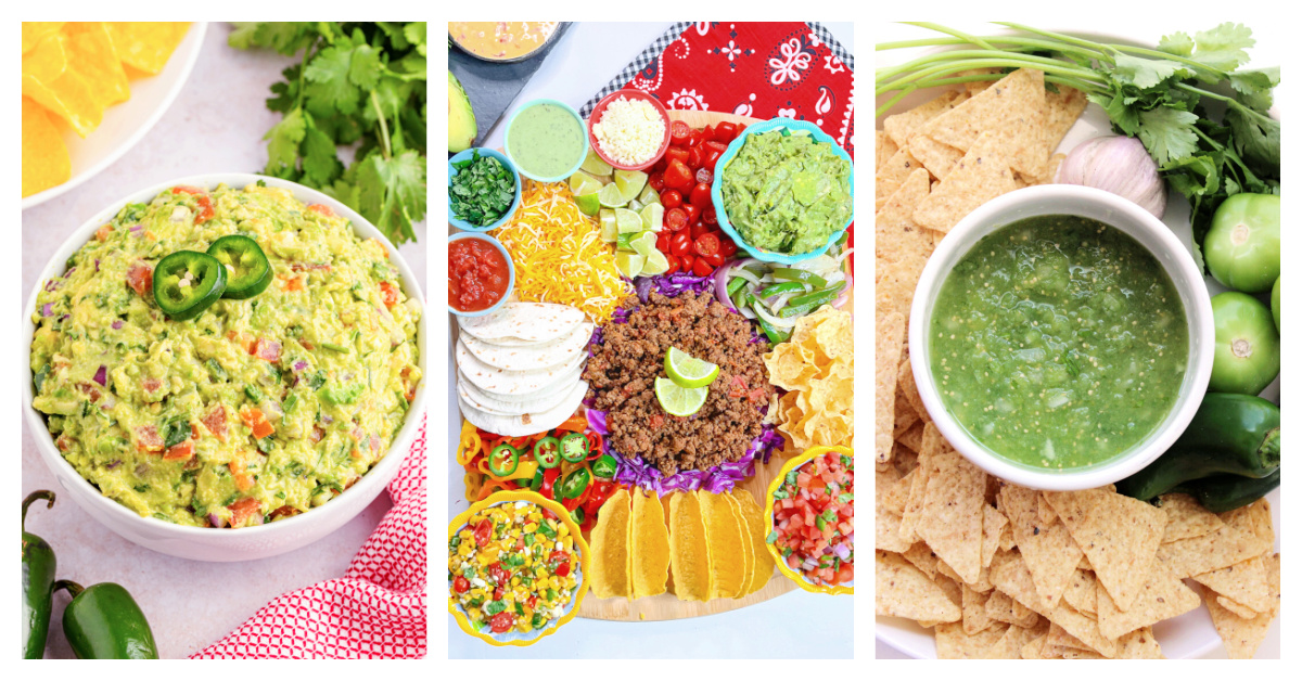 Featured Tex-Mex recipes including chunky guacamole, taco dinner board, and salsa verde.