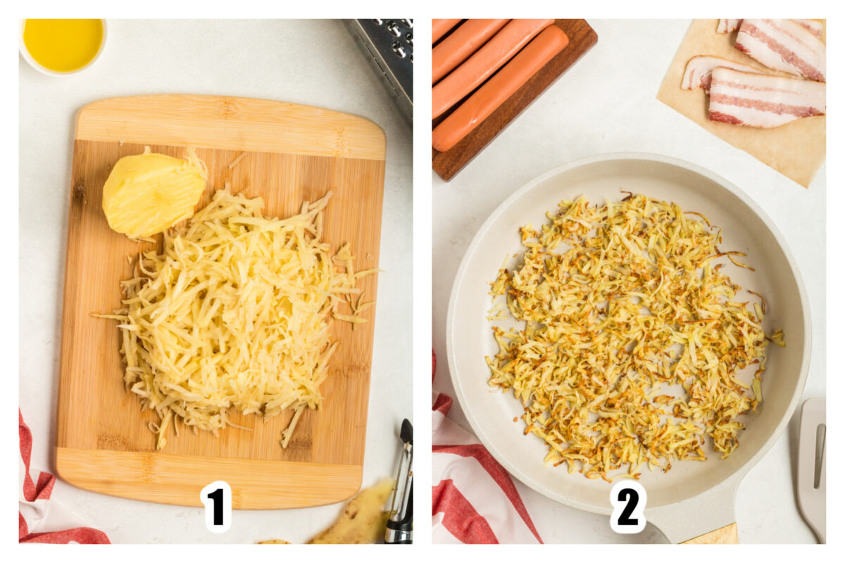 Image 1 showing potatoes grated on a wood cutting board. Image 2 showing the potatoes browned in a skillet.
