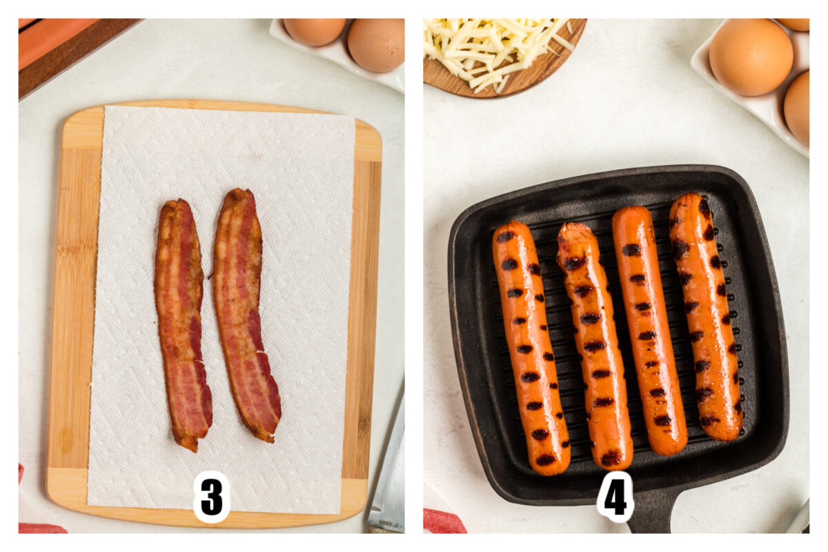 Image 3 showing cooked bacon on a paper towel. Image 4 showing cooked hot dogs on a grill pan.