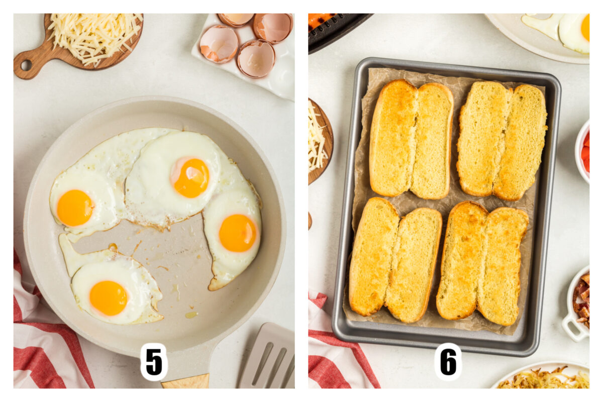 Image 5 showing sunny side up eggs in a skillett. Image 6 with toasted buns on a sheet pan.